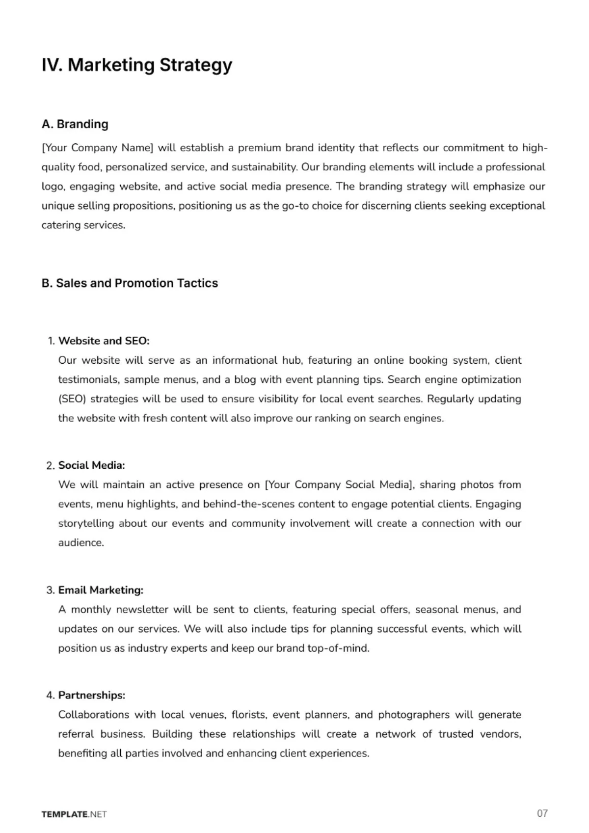Free Catering Business Plan Template to Edit Online