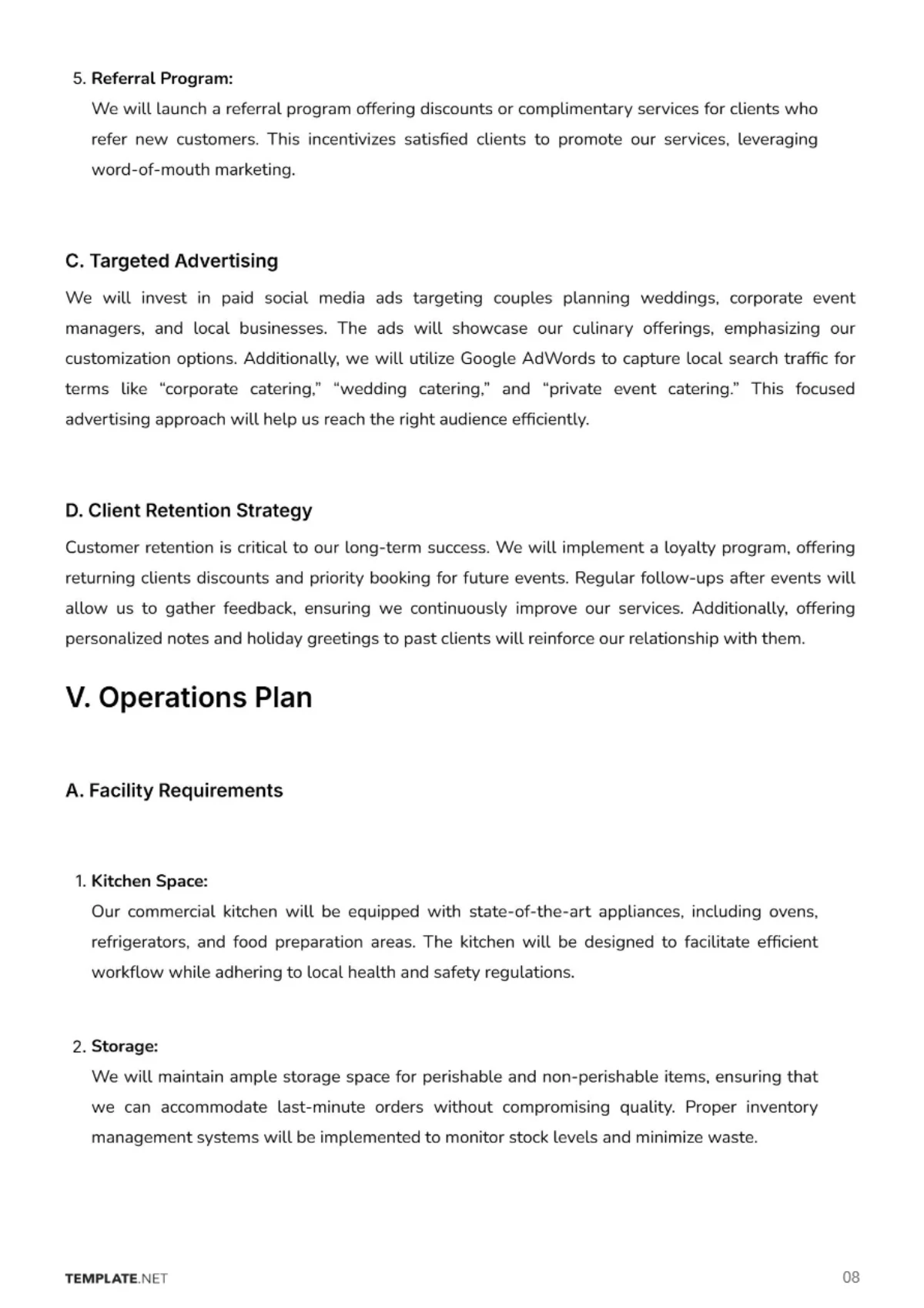 Free Catering Business Plan Template to Edit Online