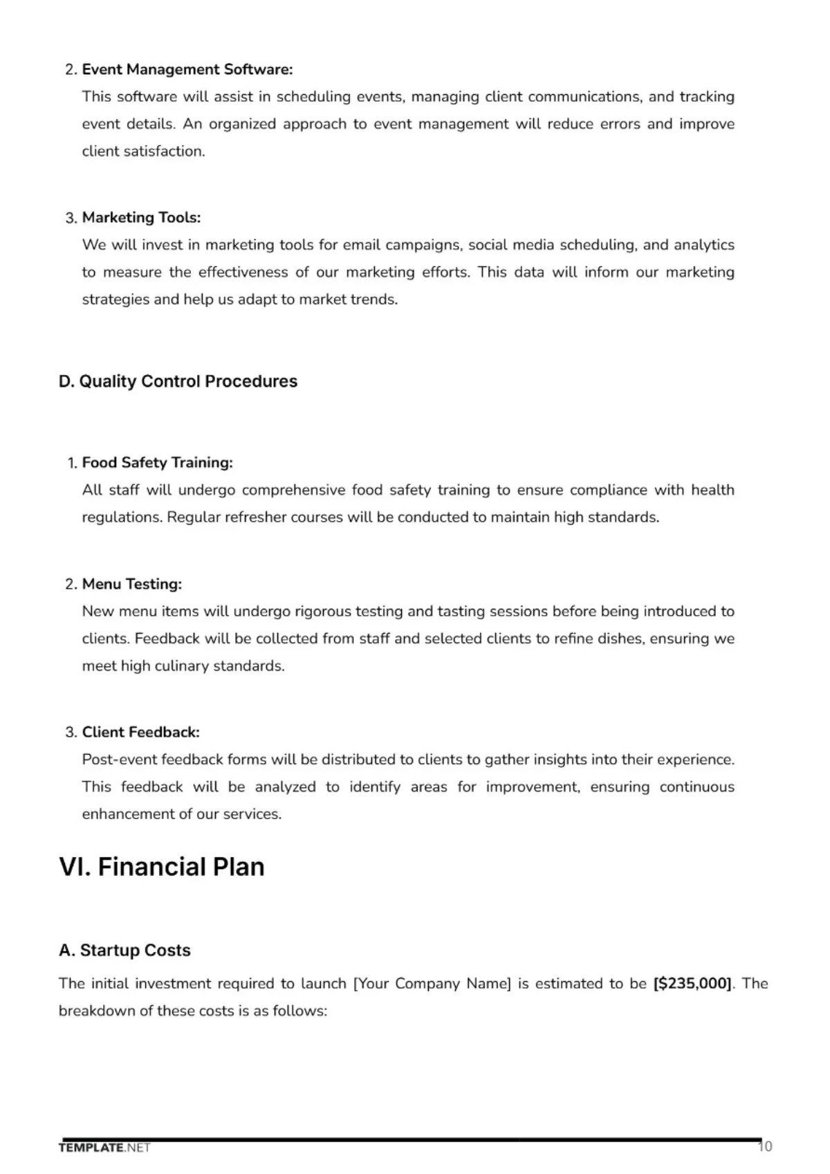 Free Catering Business Plan Template to Edit Online