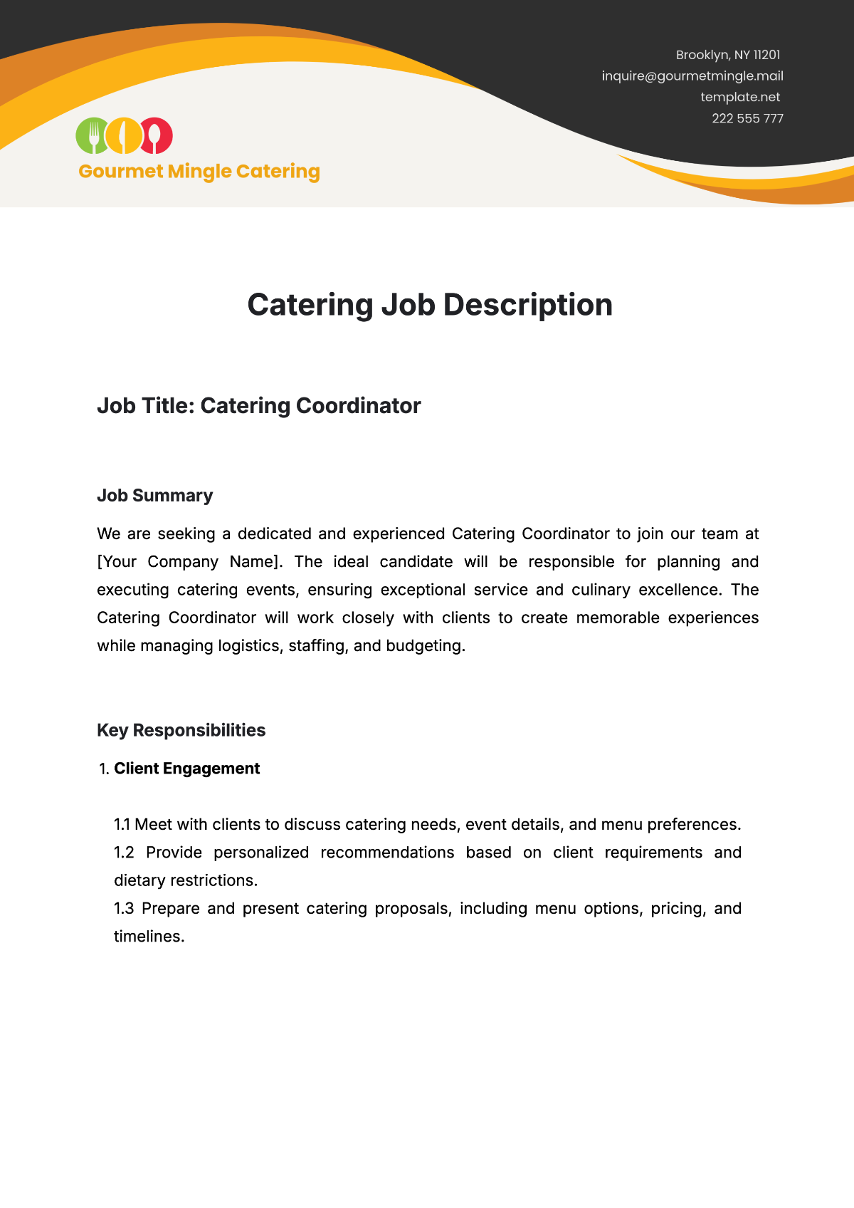 Catering Job Description Template - Edit Online & Download