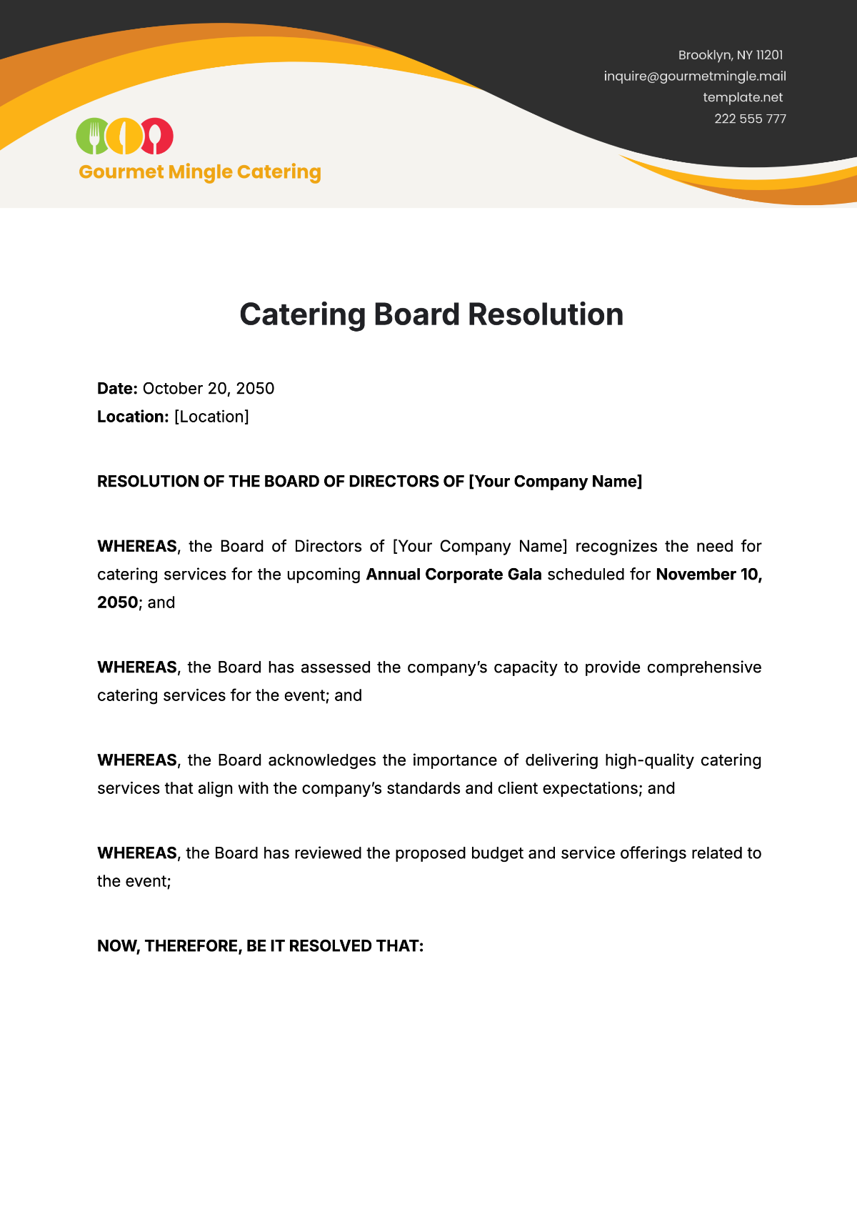 Catering Board Resolution Template - Edit Online & Download