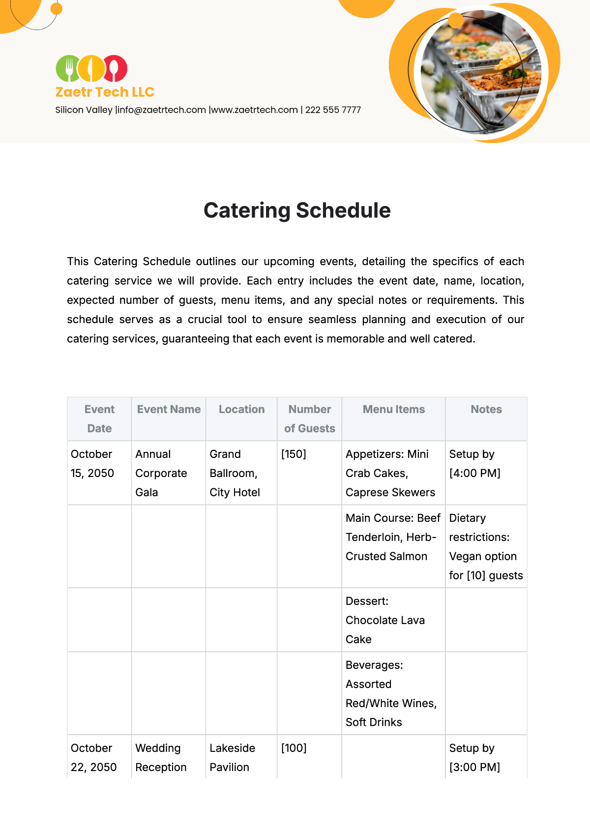 Catering Schedule Template - Edit Online & Download