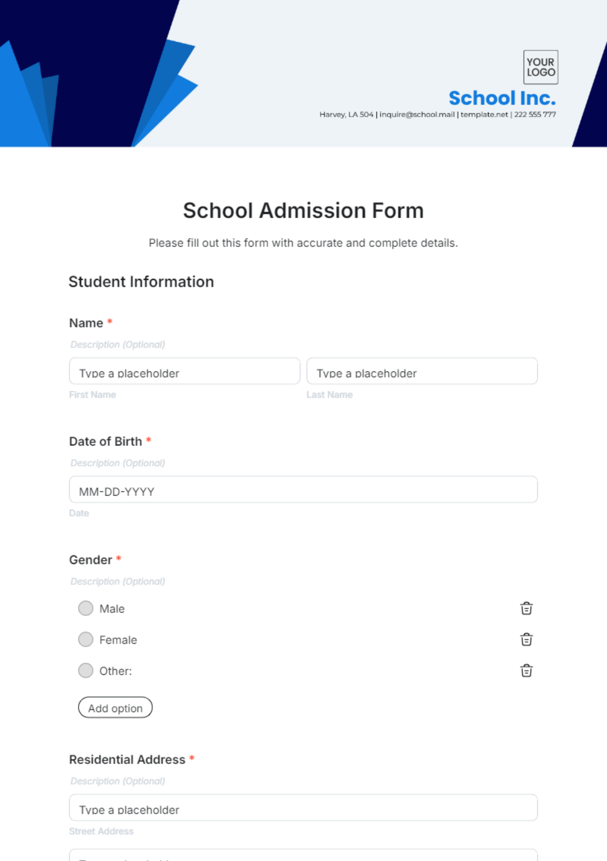 School Admission Form Template - Edit Online & Download