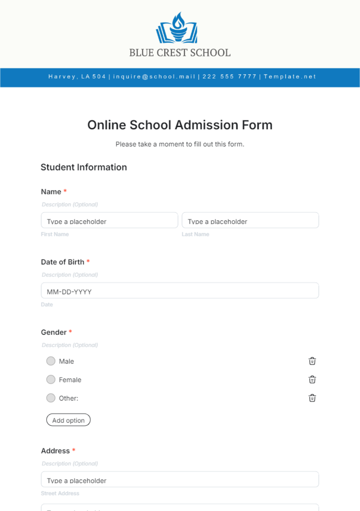 Free Online School Admission Form Template