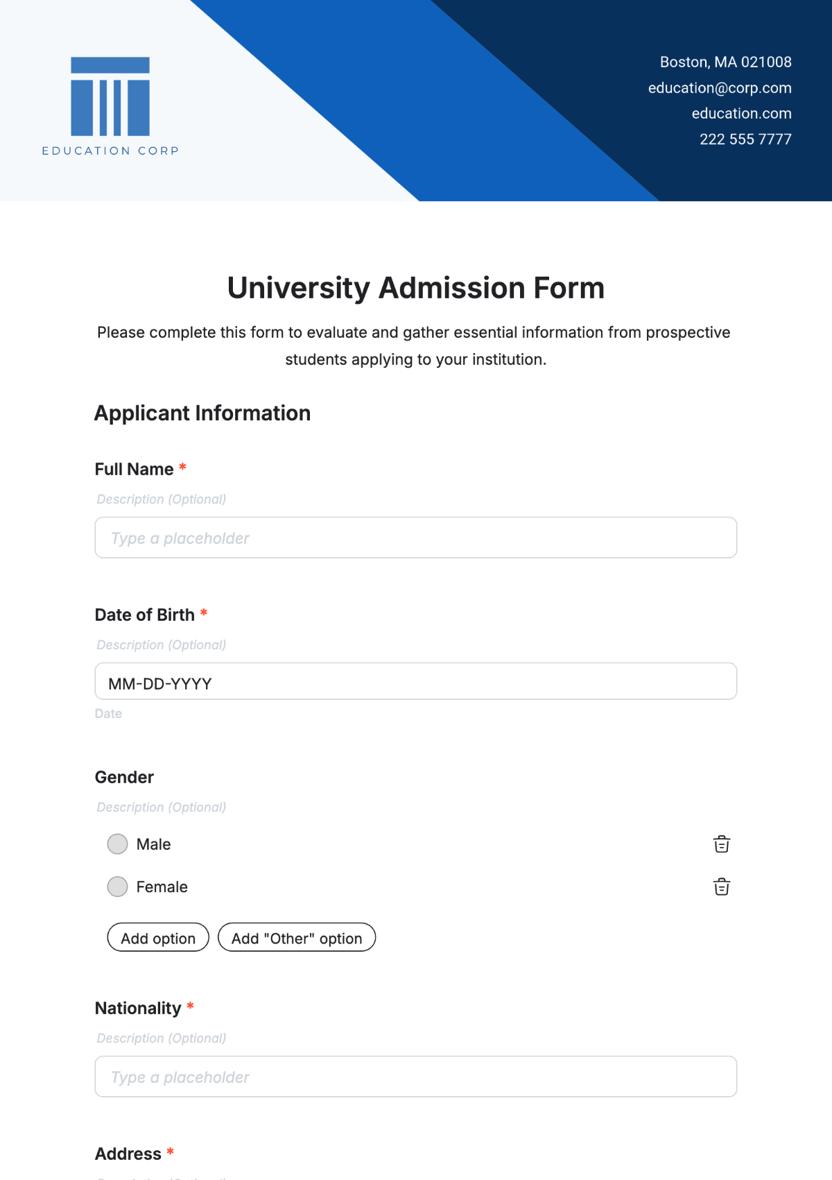 Free University Admission Form Template