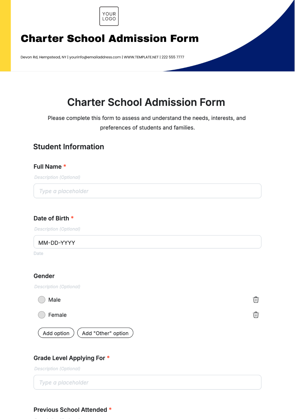 Free Charter School Admission Form Template