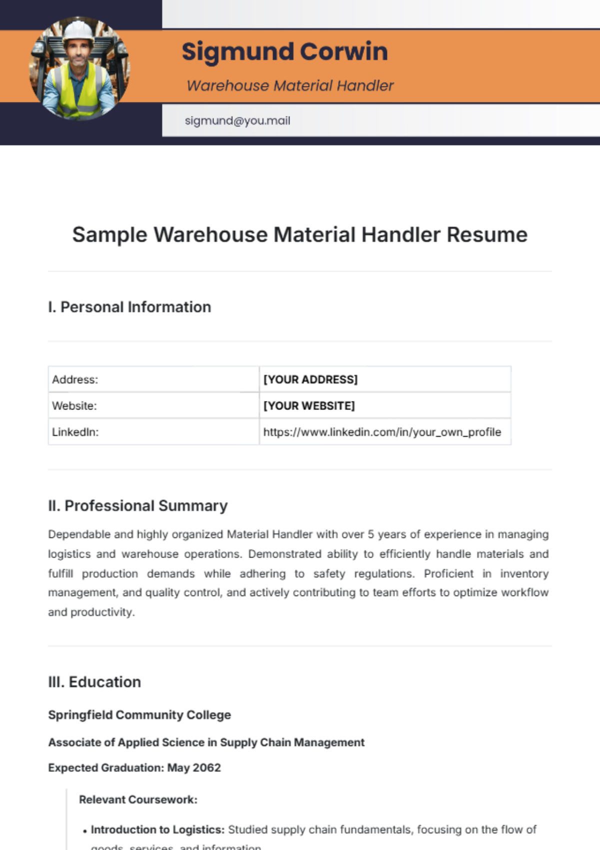 Sample Warehouse Material Handler Resume Template - Edit Online & Download