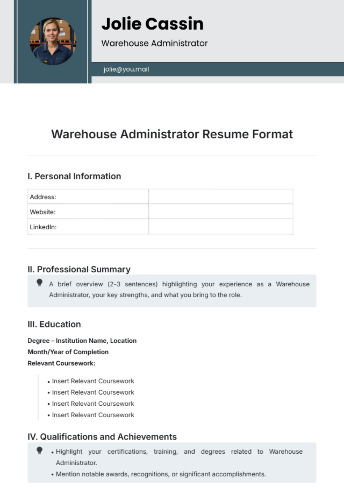 Free Warehouse Administrator Resume Format Template