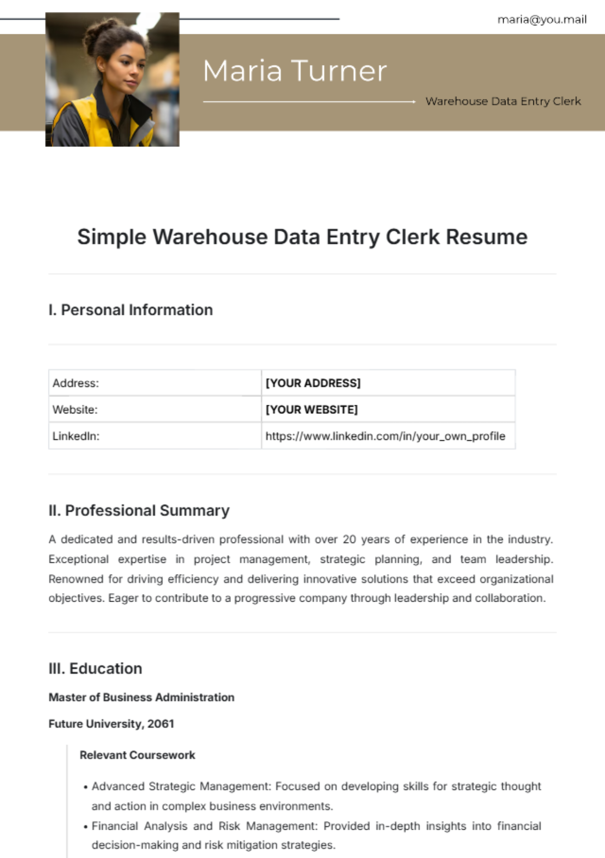 Simple Warehouse Data Entry Clerk Resume Template - Edit Online & Download