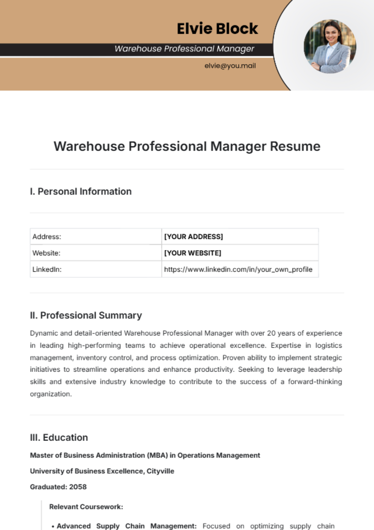 Free Warehouse Professional Manager Resume Template