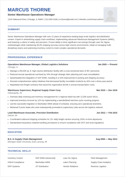 Free Warehouse Professional Manager ATS Resume Template