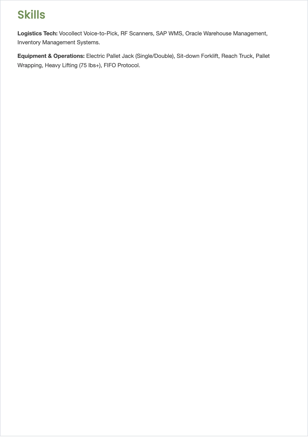 Free Warehouse Order Outline Selector ATS Resume Template