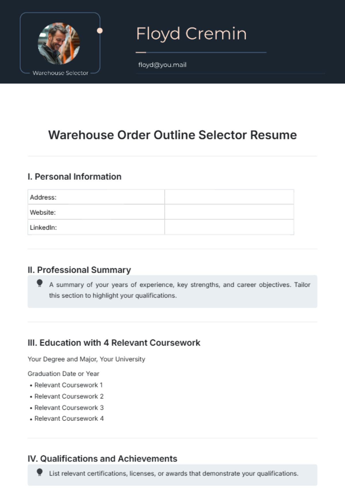 Warehouse Order Outline Selector Resume Template - Edit Online & Download