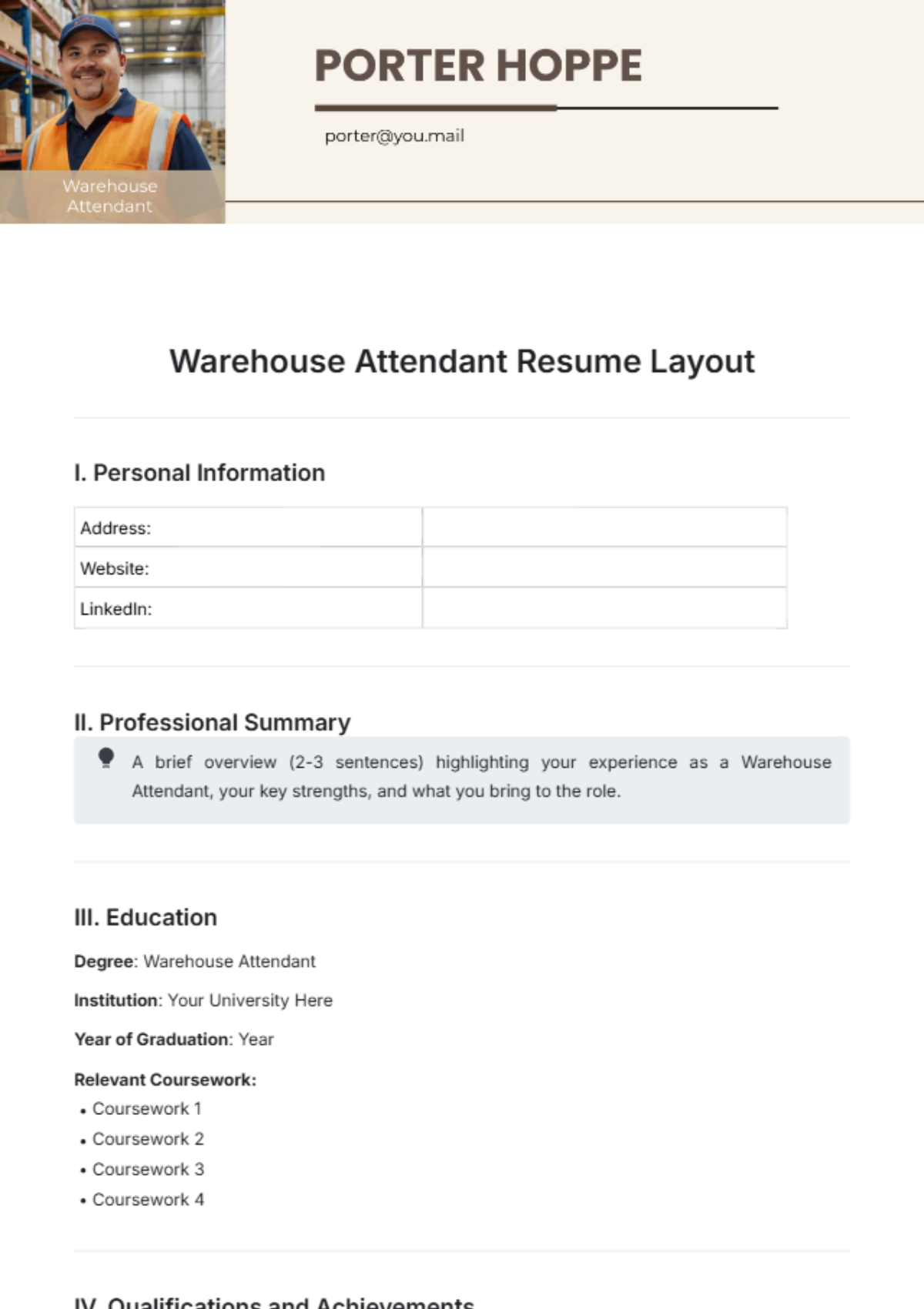 Warehouse Attendant Resume Layout Template - Edit Online & Download