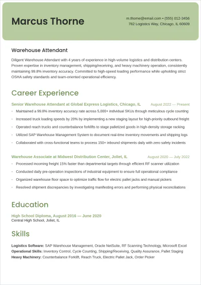 Free Warehouse Attendant ATS Resume Template, AI Resume Builder