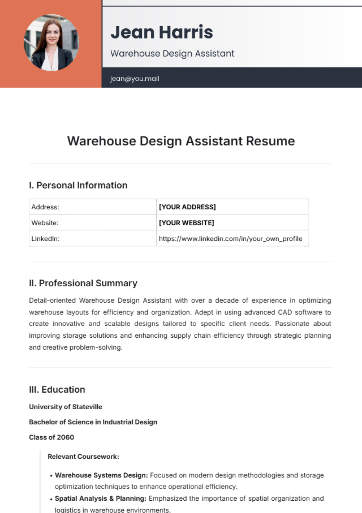 Warehouse Design Assistant Resume Template - Edit Online & Download