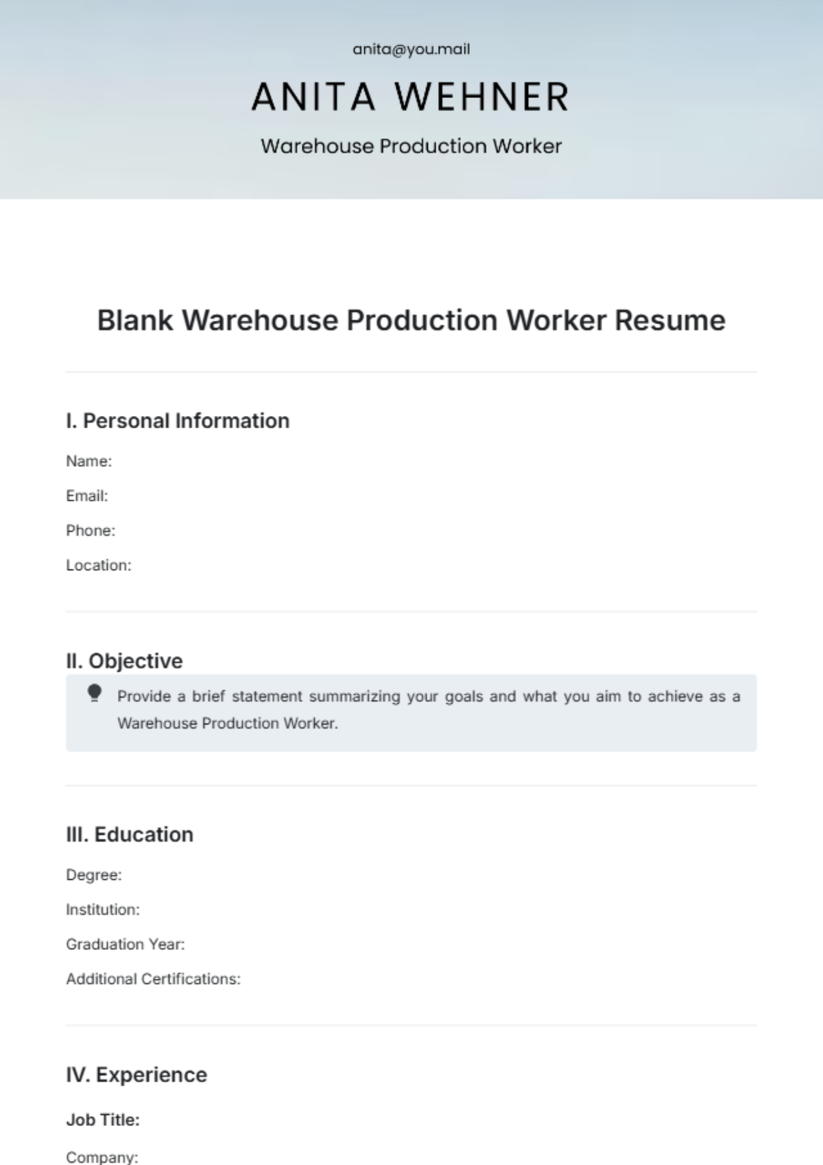 Blank Warehouse Production Worker Resume Template - Edit Online & Download