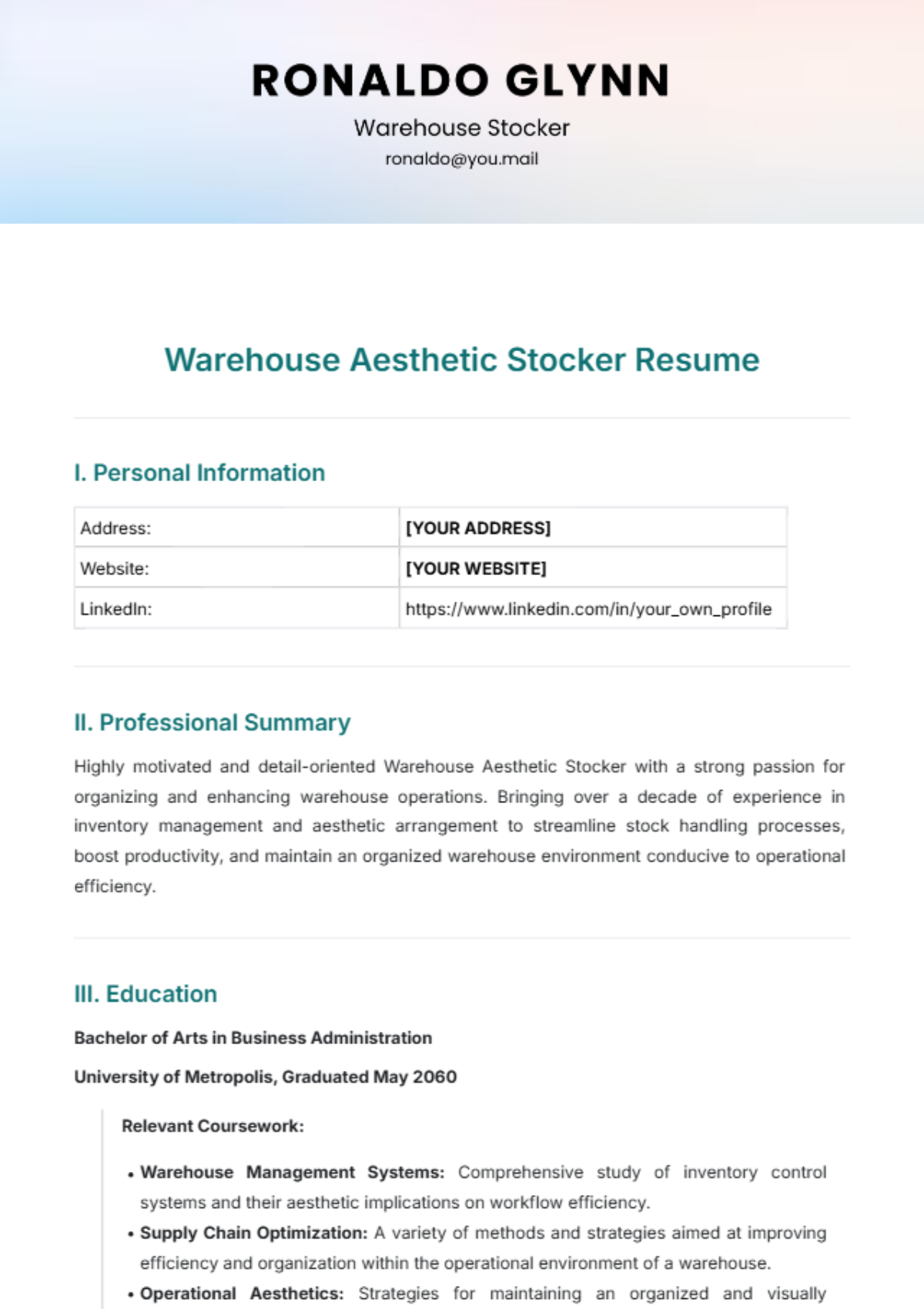 Free Warehouse Aesthetic Stocker Resume Template