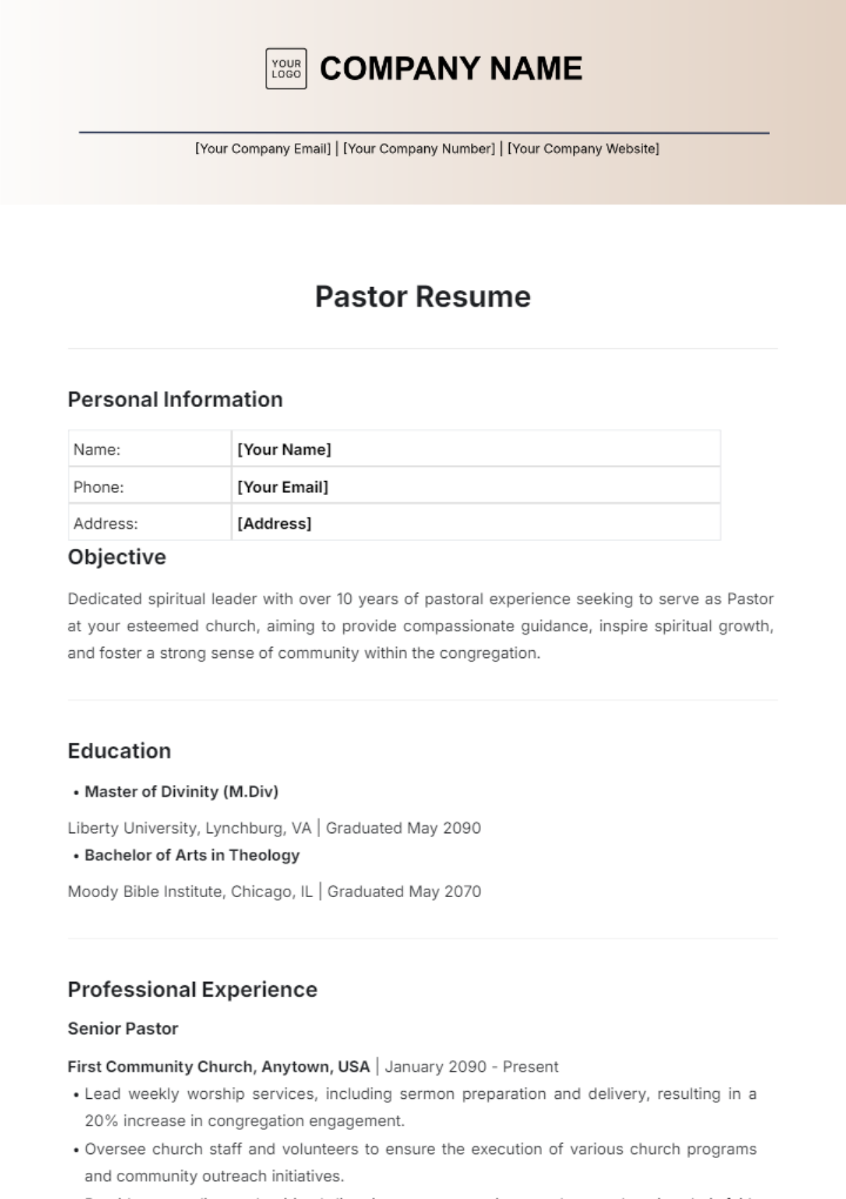 Pastor Resume Template - Edit Online & Download