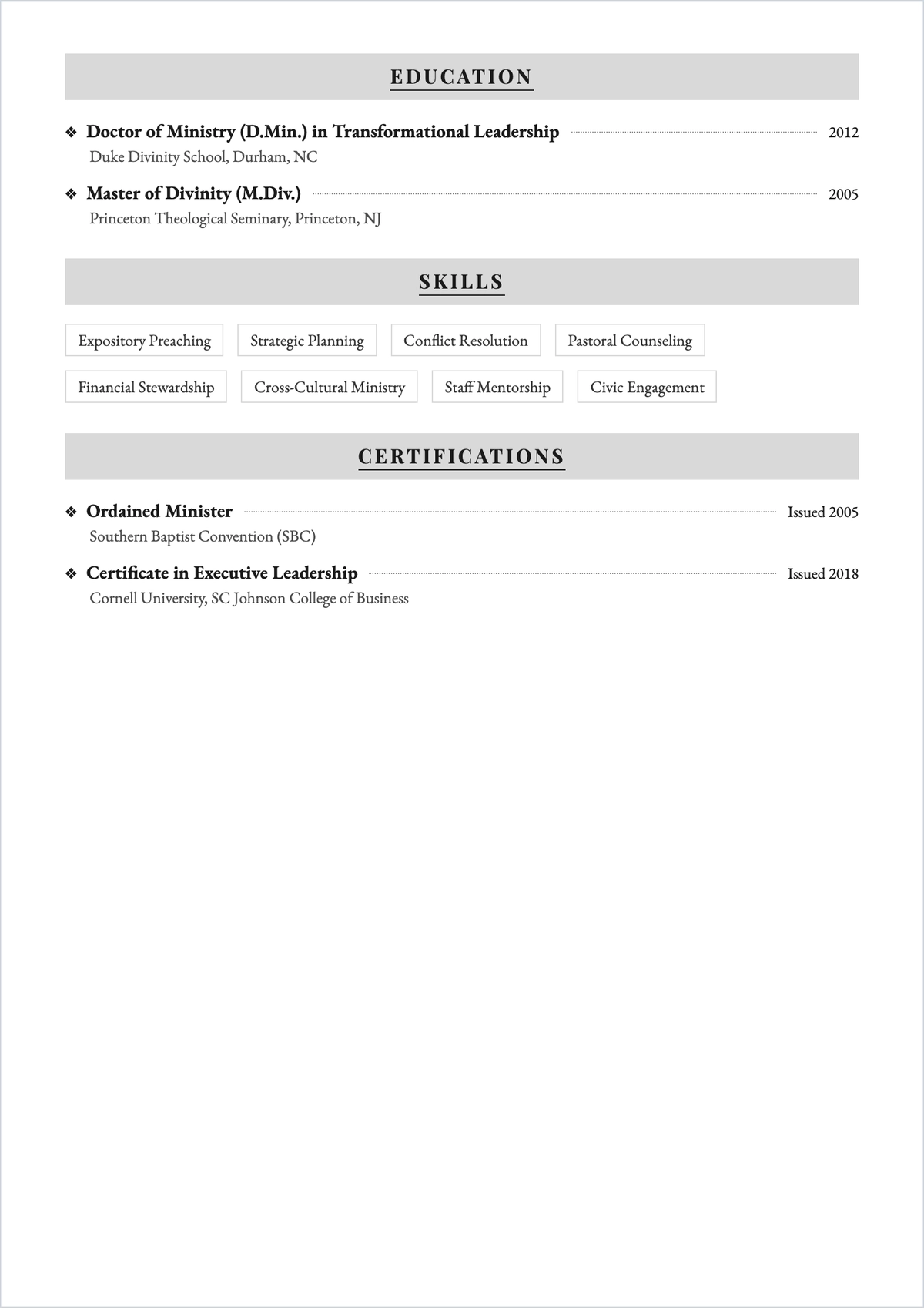 Free Sample Senior Pastor ATS Resume Template, AI Resume Builder