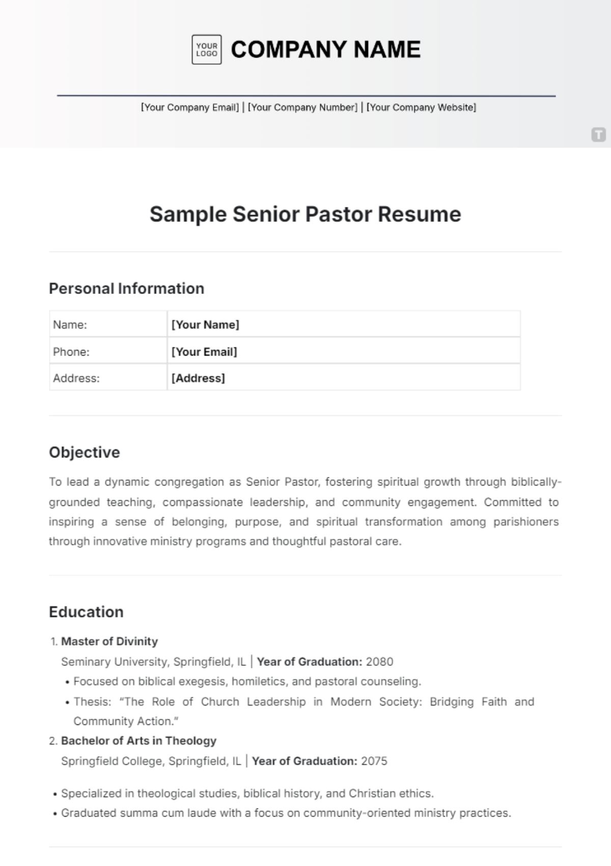 Sample Senior Pastor Resume Template - Edit Online & Download