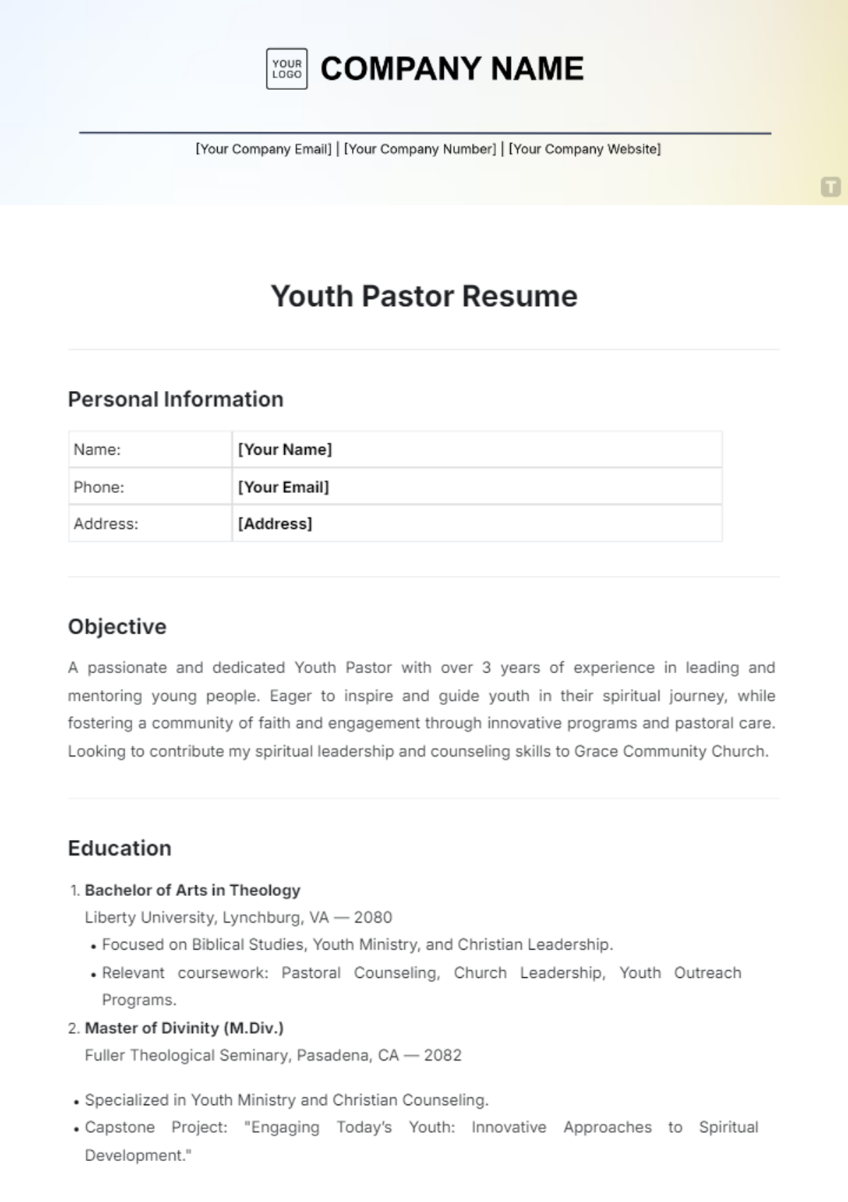 Youth Pastor Resume Template - Edit Online & Download