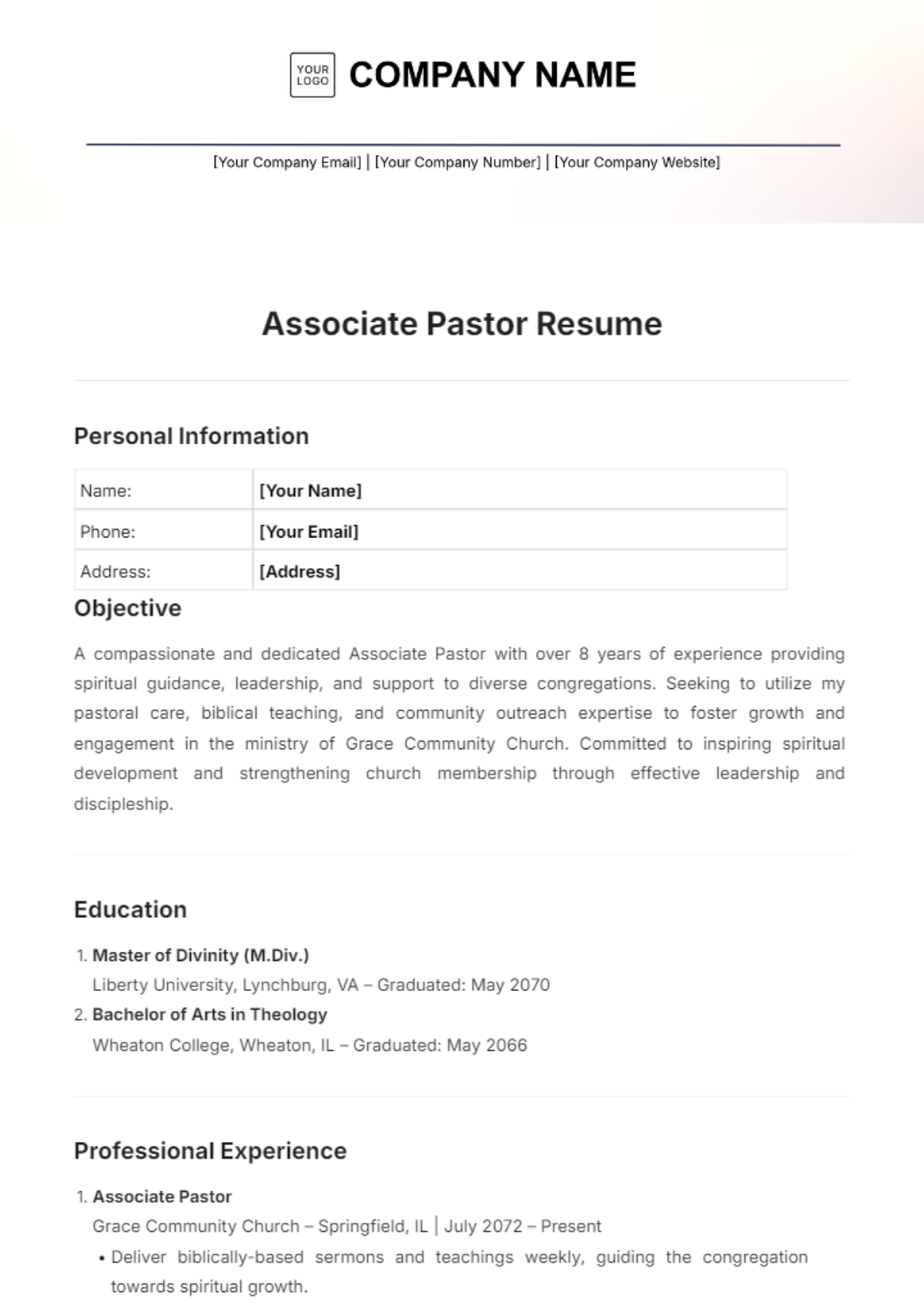 Associate Pastor Resume Template - Edit Online & Download