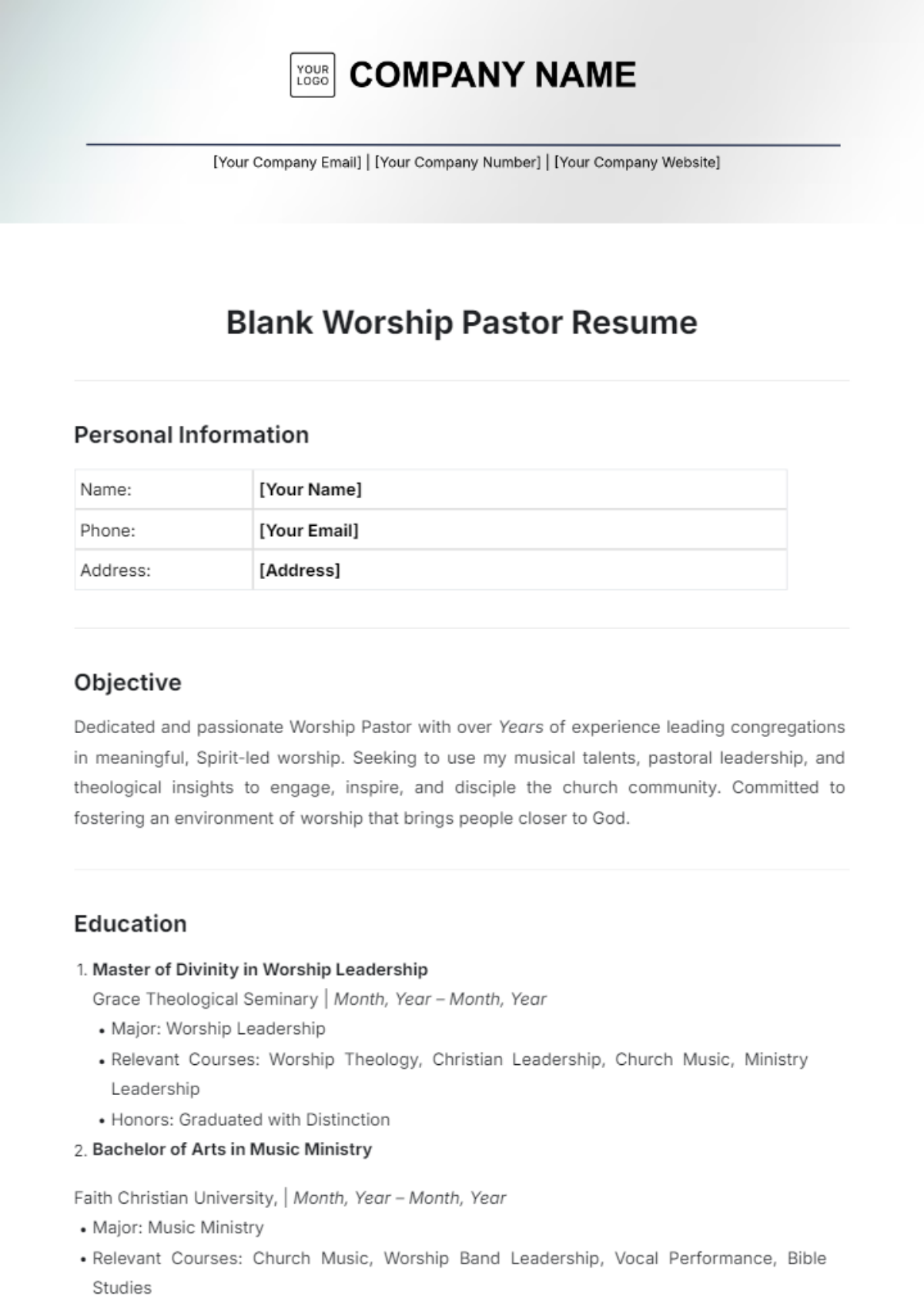 Blank Worship Pastor Resume Template - Edit Online & Download