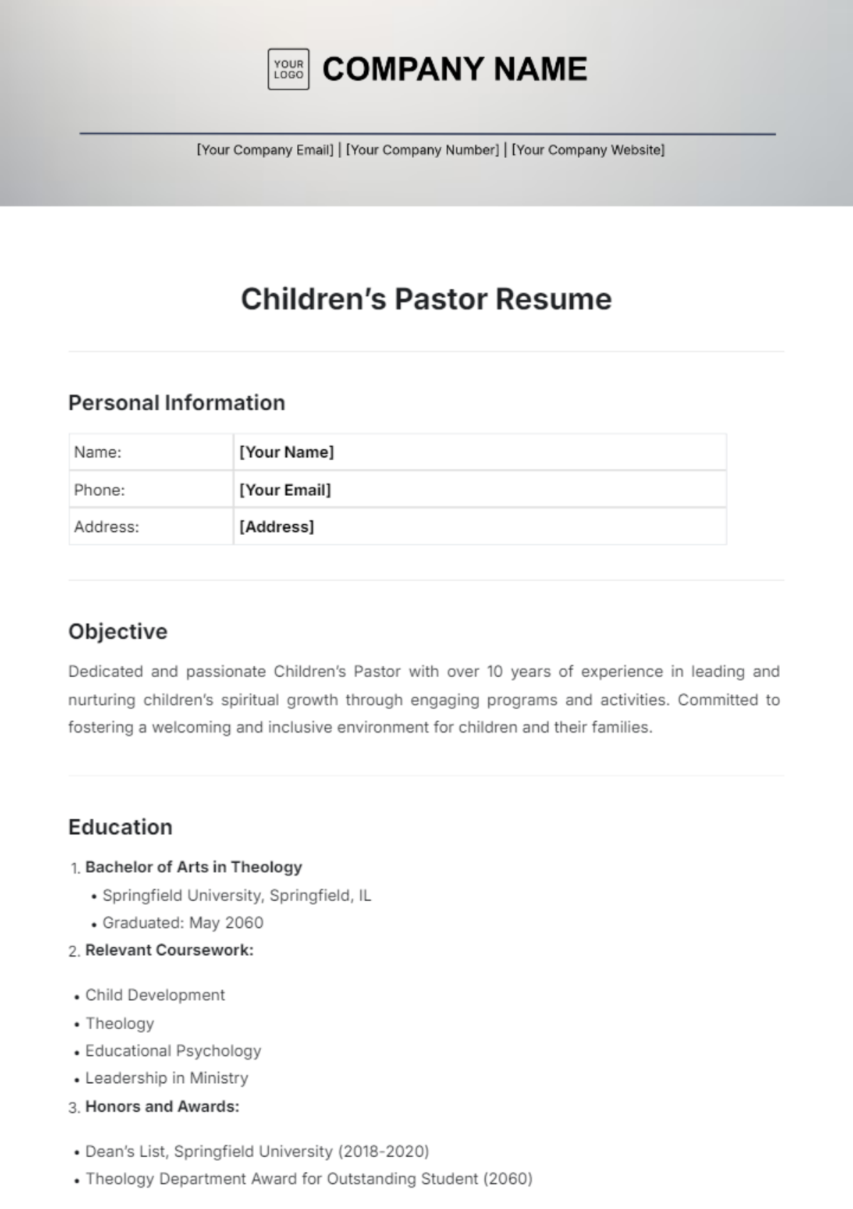 Children’s Pastor Resume Template - Edit Online & Download