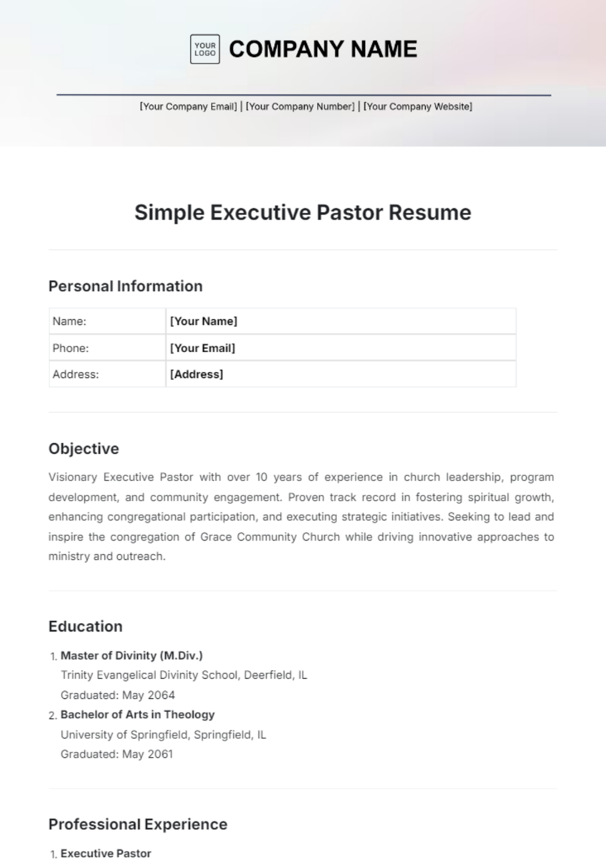 Simple Executive Pastor Resume Template - Edit Online & Download