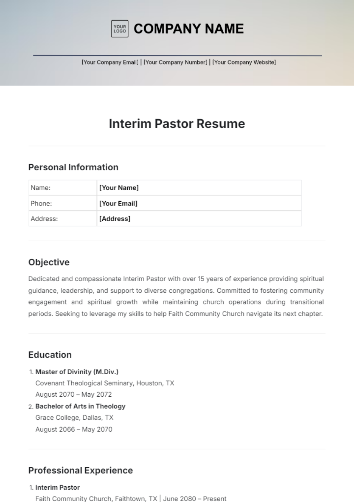 Interim Pastor Resume Template - Edit Online & Download