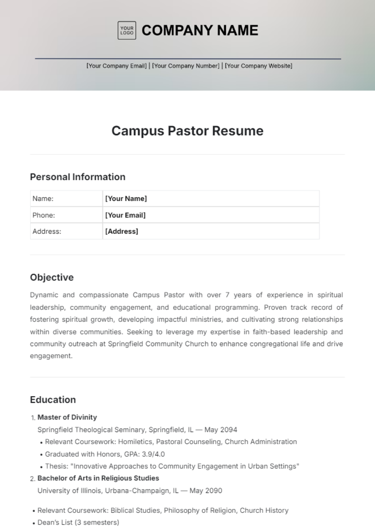 Campus Pastor Resume Template - Edit Online & Download