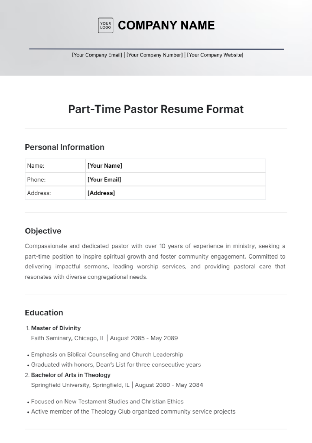 Part-Time Pastor Resume Format Template - Edit Online & Download