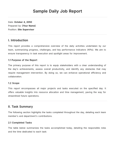 Free Sample Daily Job Report Template to Edit Online