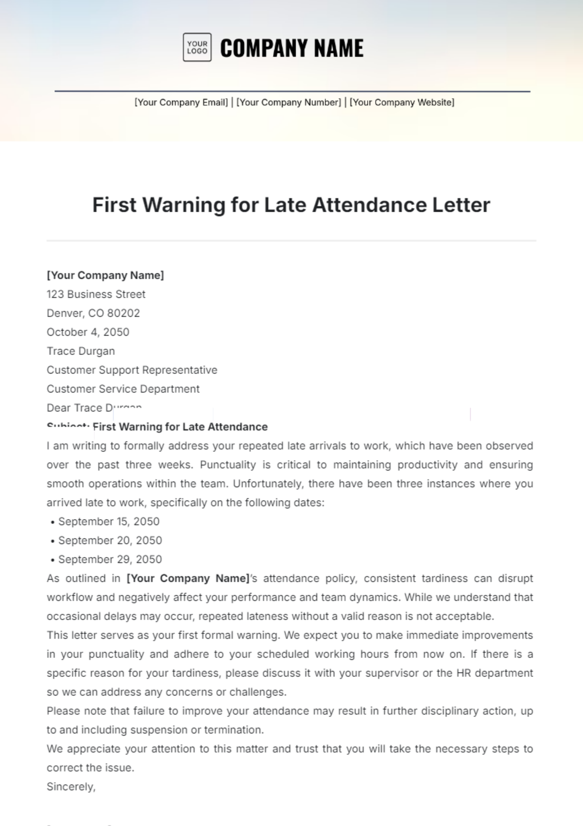 Free First Warning for Late Attendance Letter Template to Edit Online