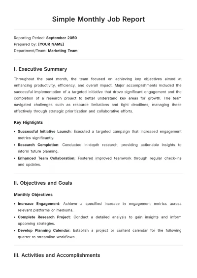 Free Simple Monthly Job Report Template to Edit Online
