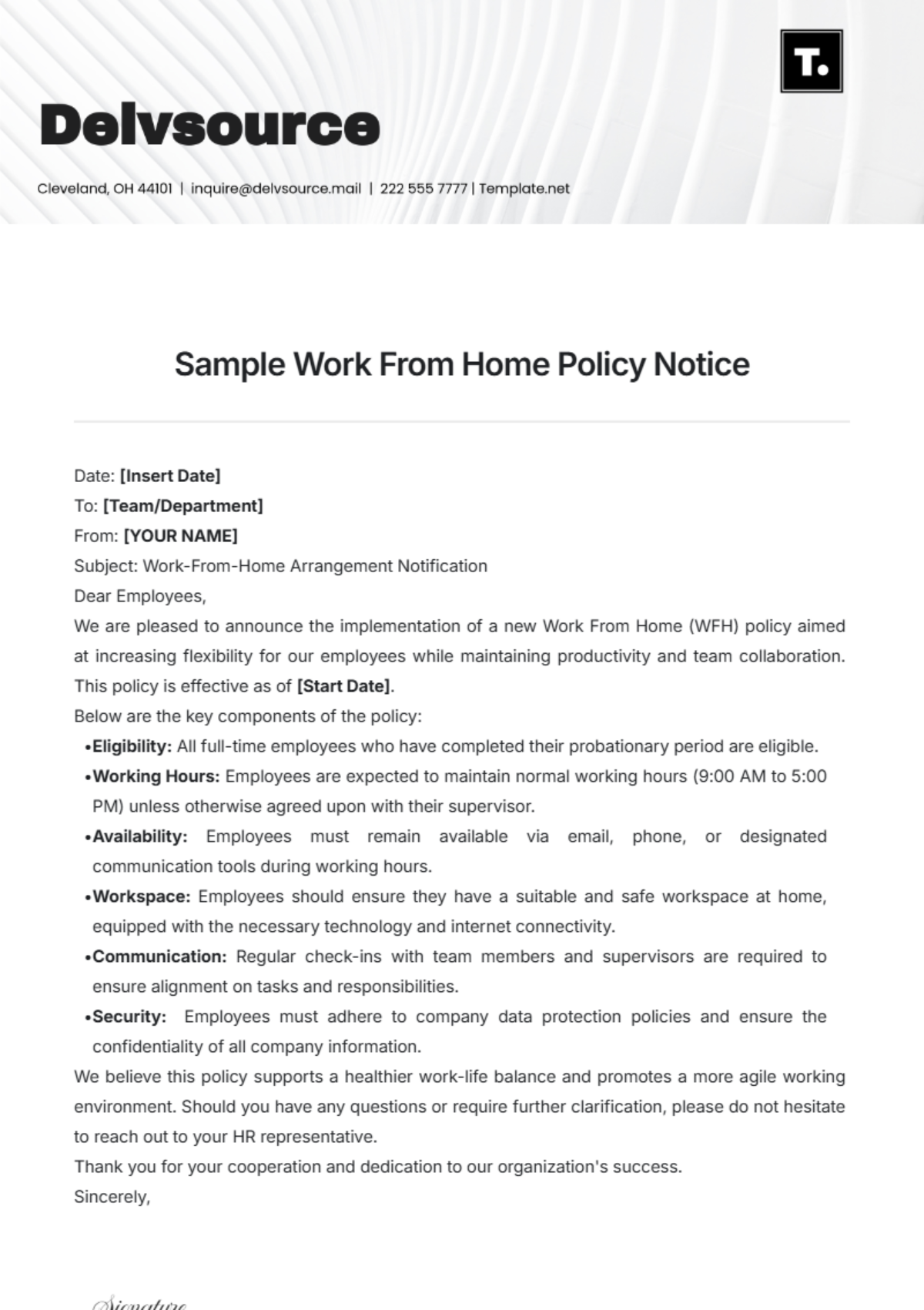 Sample Work From Home Policy Notice Template - Edit Online & Download