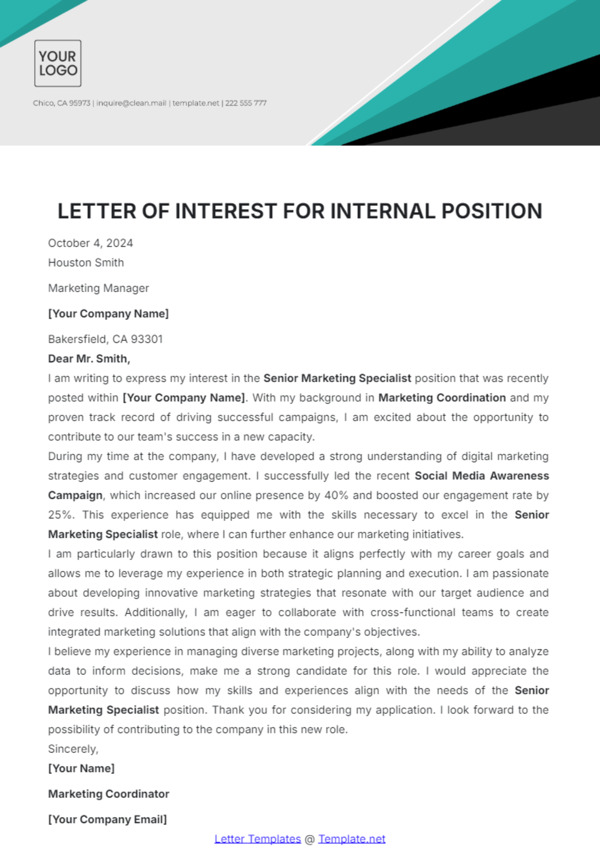 Letter of Interest for Internal Position Template - Edit Online & Download