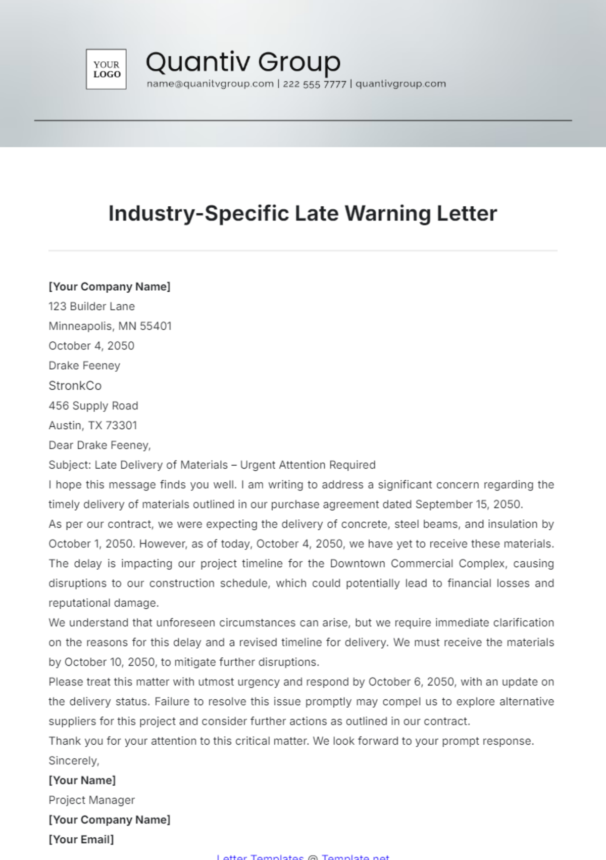 Industry-Specific Late Warning Letter Template - Edit Online & Download