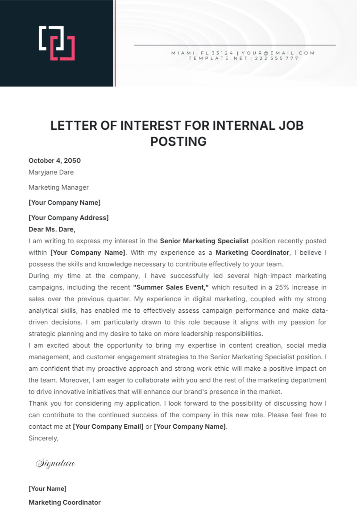 Letter of Interest for Internal Job Posting Template - Edit Online & Download