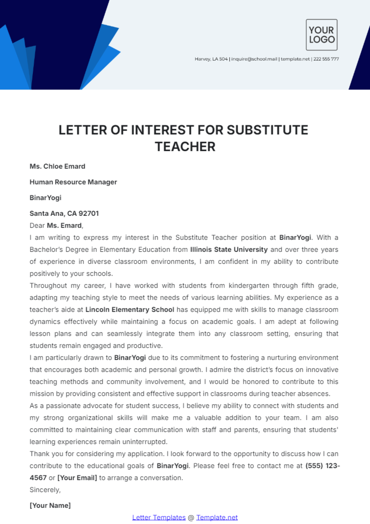 Letter of Interest for Substitute Teacher Template - Edit Online & Download