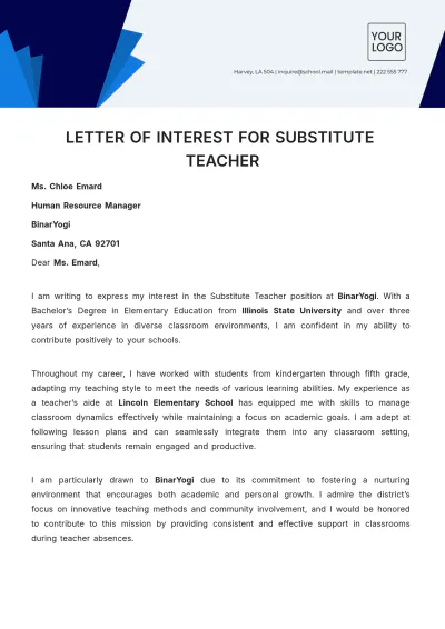 Free Letter of Interest for Substitute Teacher Template to Edit Online