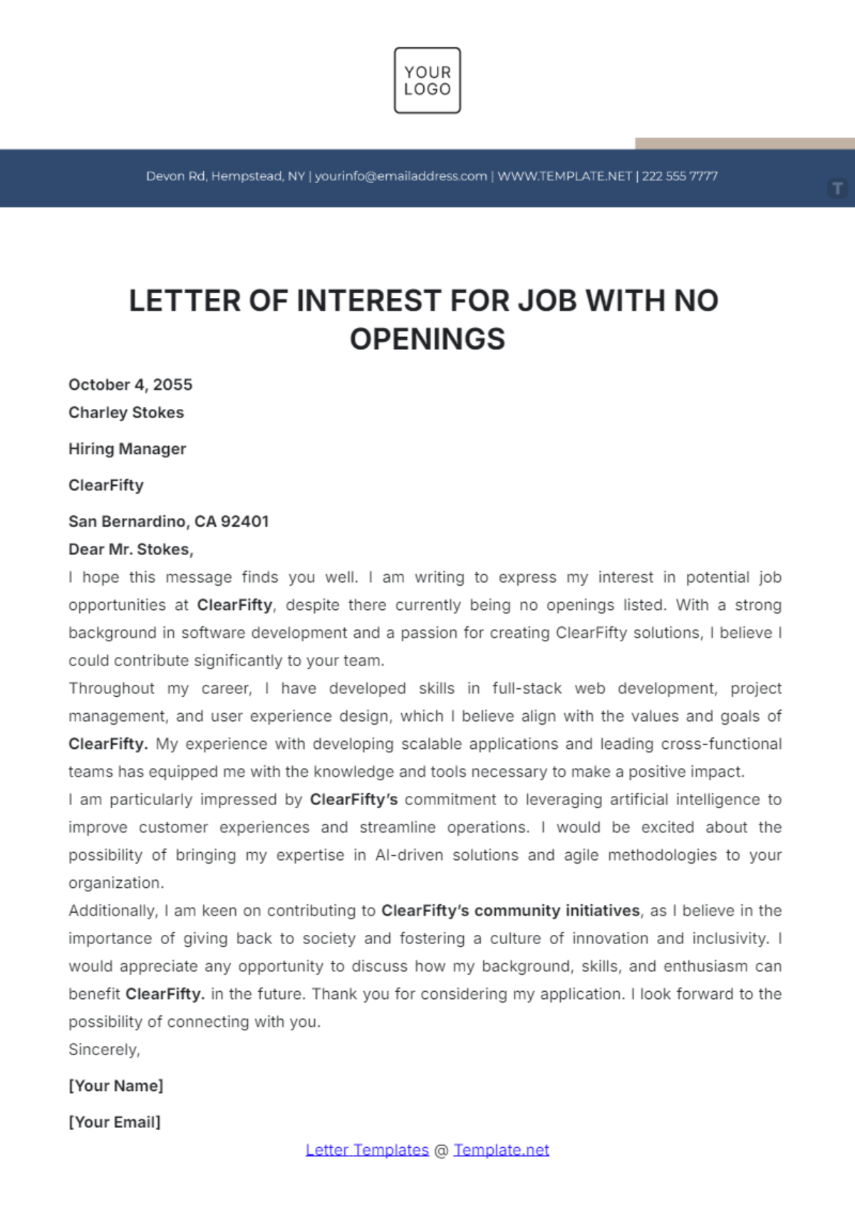 Letter of Interest for Job with No Openings Template - Edit Online & Download