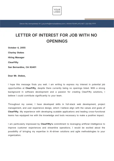 Free Letter of Interest for Job with No Openings Template to Edit Online