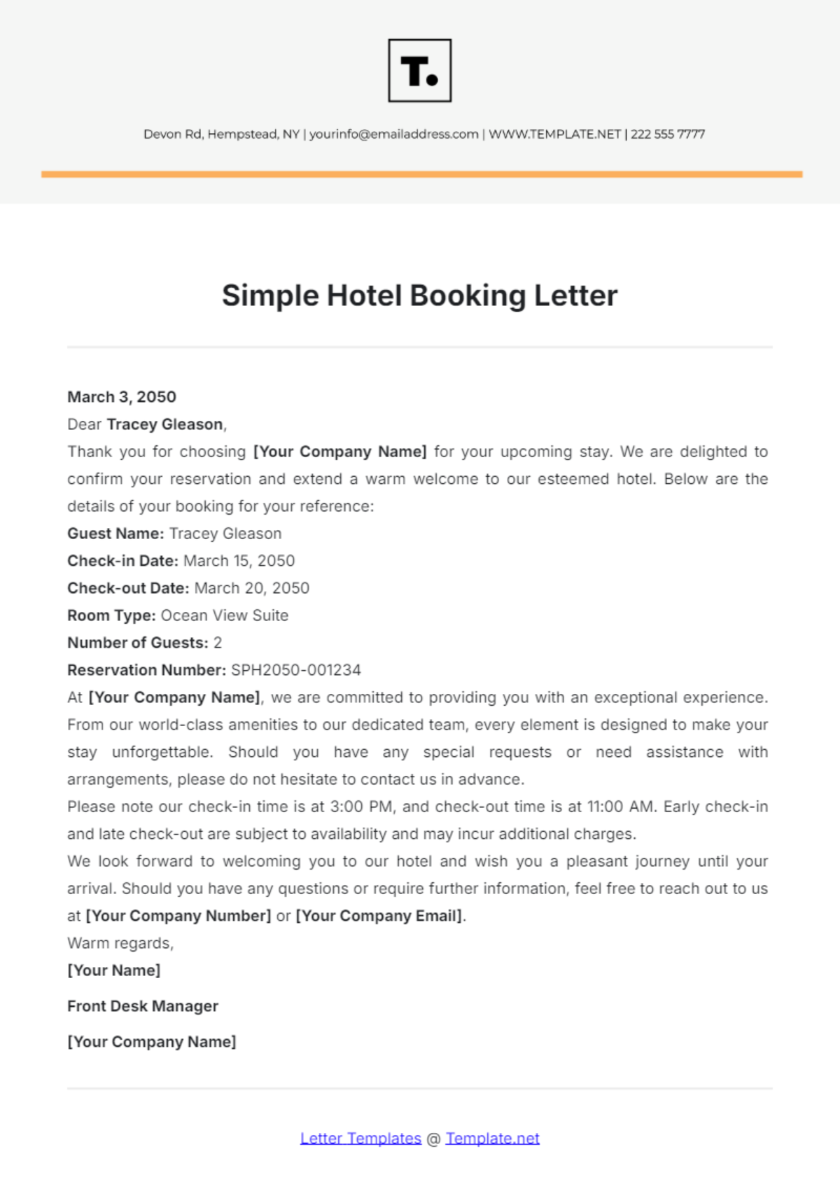 Simple Hotel Booking Letter Template - Edit Online & Download