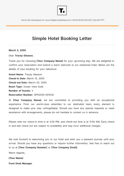 Free Simple Hotel Booking Letter Template to Edit Online