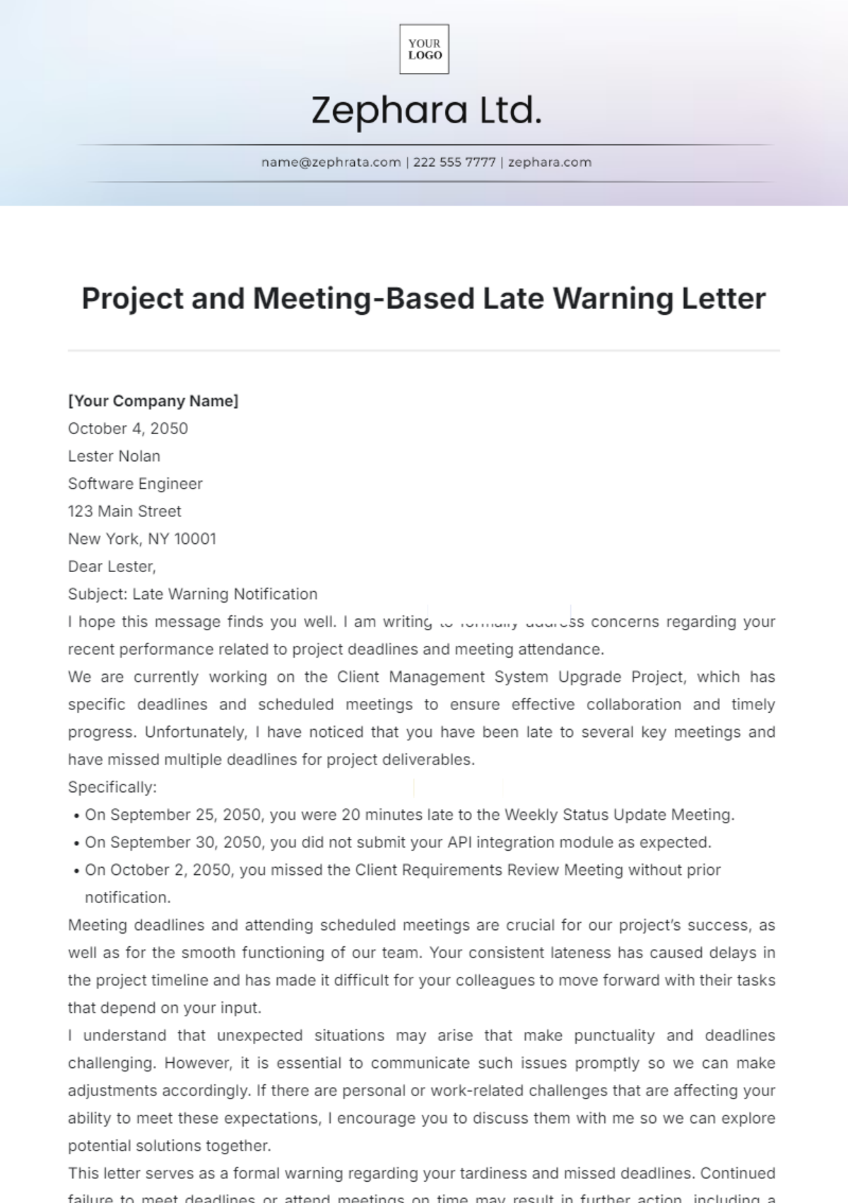 Project and Meeting-Based Late Warning Letter Template - Edit Online & Download