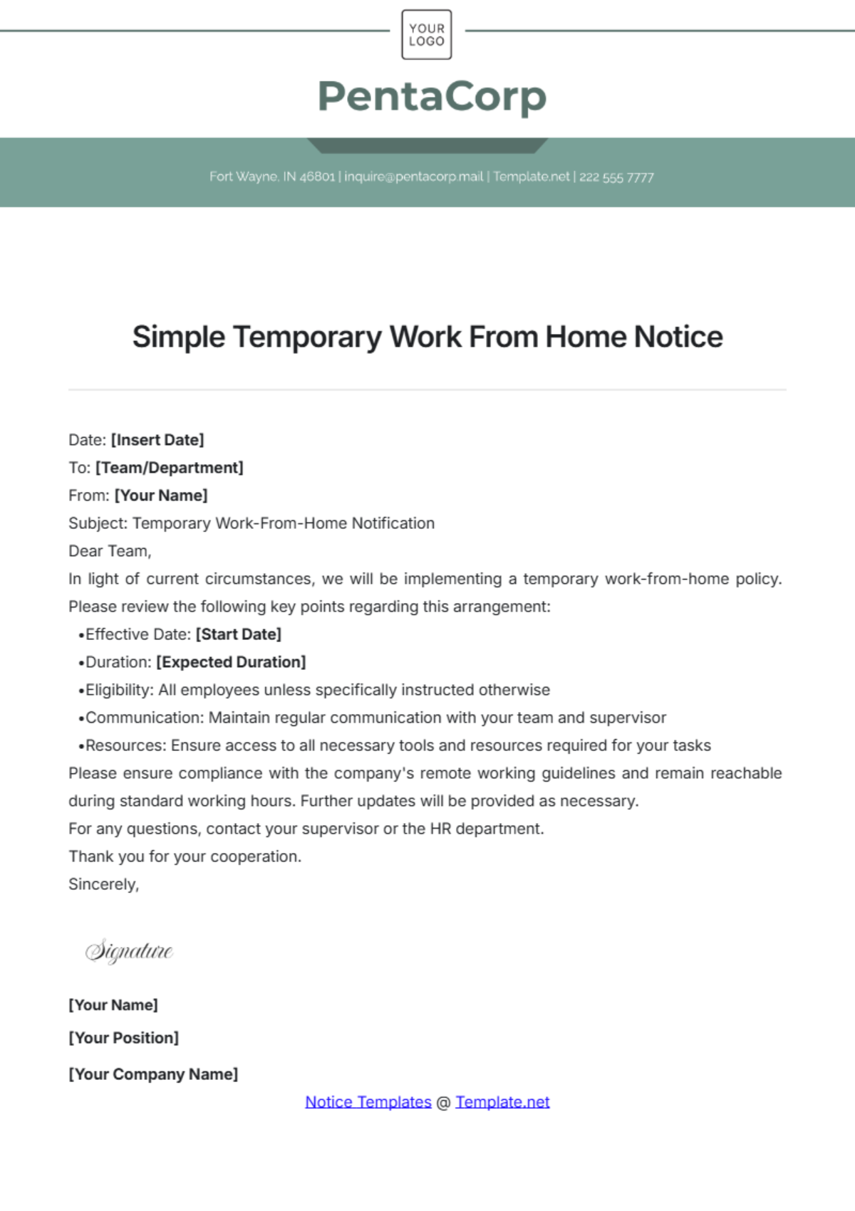 Simple Temporary Work From Home Notice Template