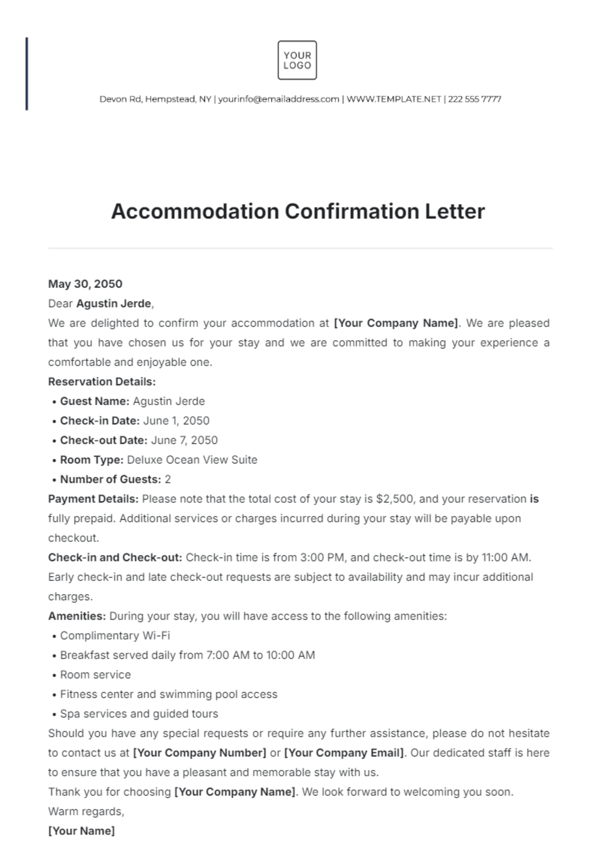 Accommodation Confirmation Letter Template - Edit Online & Download