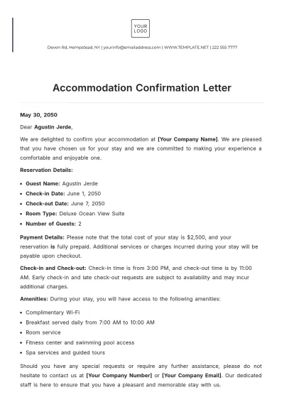 Free Accommodation Confirmation Letter Template to Edit Online